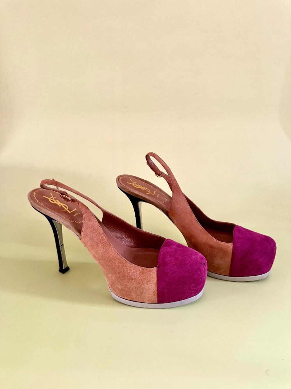 Yves Saint Laurent Colorblock Suede Platform Slingback Pumps